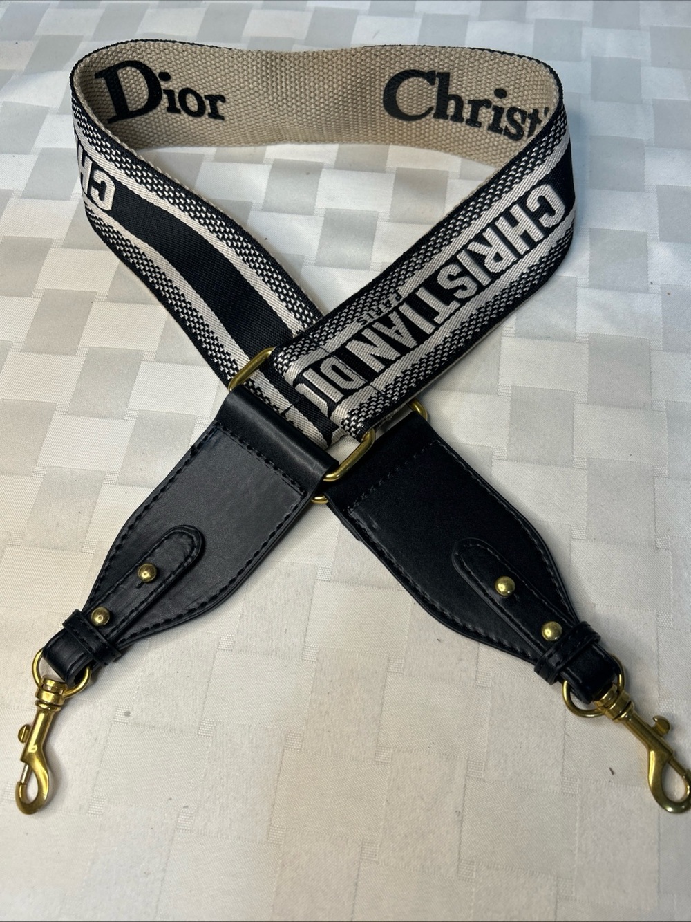 Dior Black and Cream Woven Logo Bag Strap with Gold Hardware